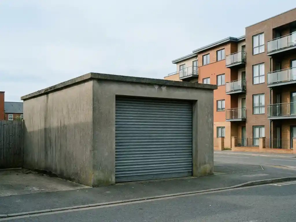 garage-beton-wohngebaeude-vorstadt-metall.jpg Einzelne Betongarage mit Metalltor neben einem modernen Wohngebäude in ruhiger Vorortstraße, kühles Tageslicht.