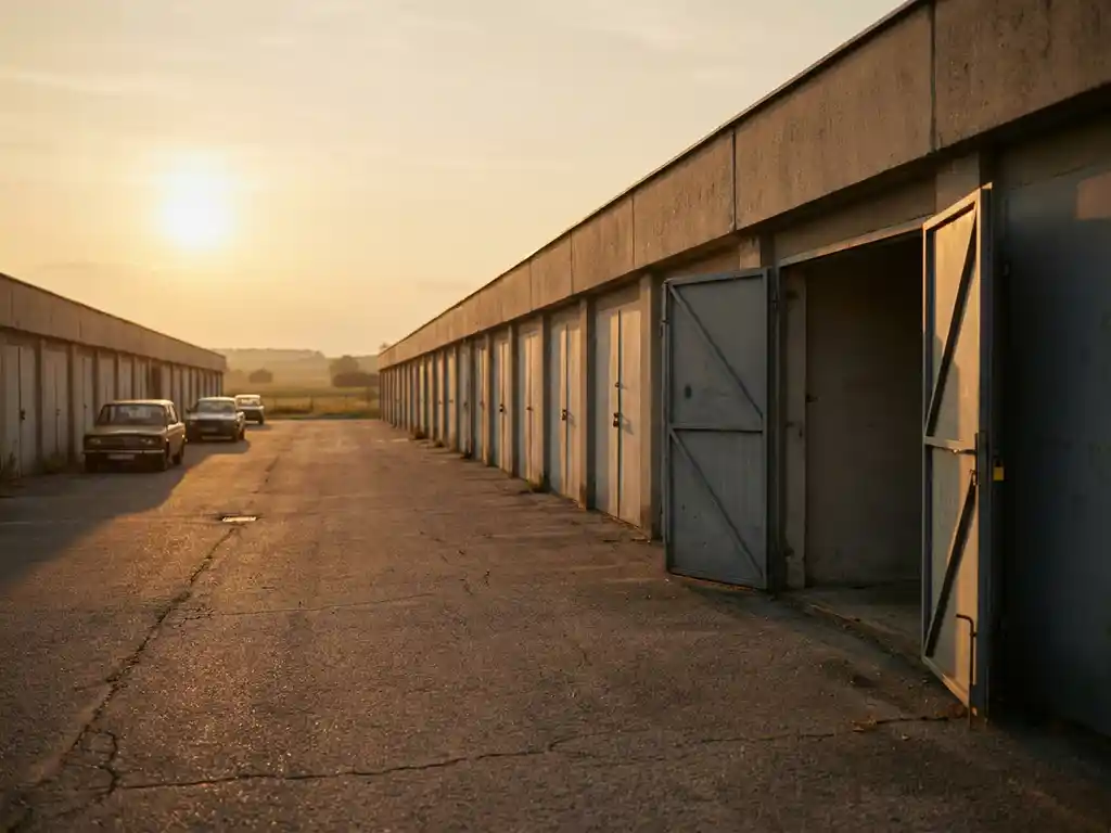 garagen-reihe-beton-licht-schatten.jpg Reihe identischer Betongaragen im Nachmittagslicht, zwei Tore geöffnet und leer, übrige geschlossen, lange Schatten auf dem Asphalt.