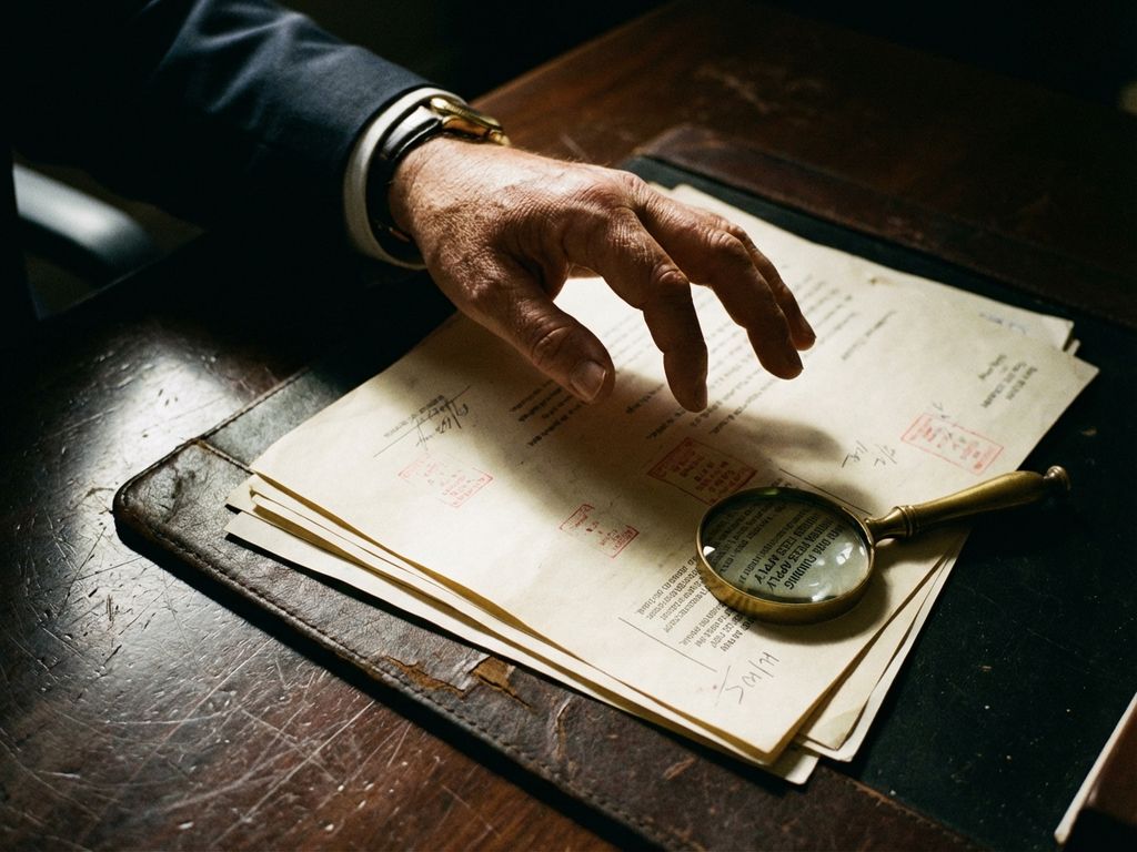 investment-betrug-warnsignale-geschaeftsmann-dokumente.jpg Geschäftsmann zögert über verdächtigen Investmentdokumenten mit roten Warnzeichen und verstecktem Kleingedrucktem