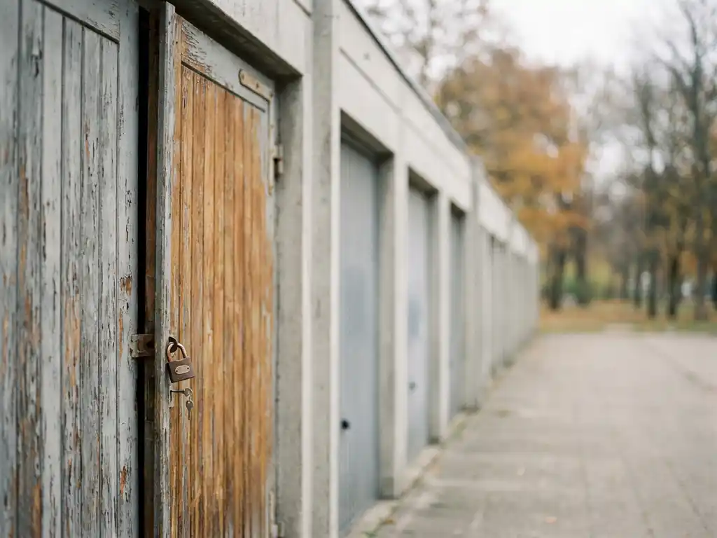 garagentor-verwittert-lagerpark-bokeh.jpg Verwitterte Garagentür mit Vorhängeschloss neben einer Reihe moderner Garageneinheiten, flache Schärfentiefe, gedämpfte Grau- und Bernsteintöne.