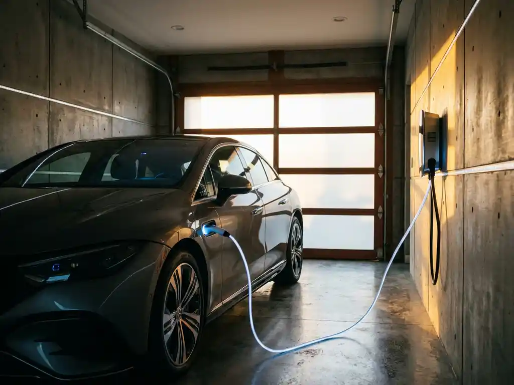 elektroauto-laden-garage-ladestation.jpg Elektroauto lädt in moderner Betongarage, leuchtendes Ladekabel führt zur Wandladestation, warmes Licht auf poliertem Betonboden.