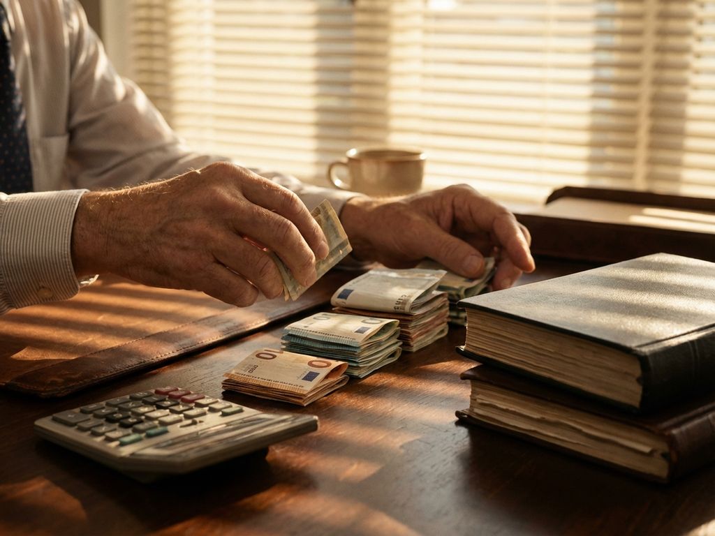 euro-banknoten-stapeln-geschaeftsmann-rechner.jpg Geschäftsmann stapelt Euro-Banknoten auf Holzschreibtisch neben Taschenrechner und Finanzunterlagen bei warmem Sonnenlicht