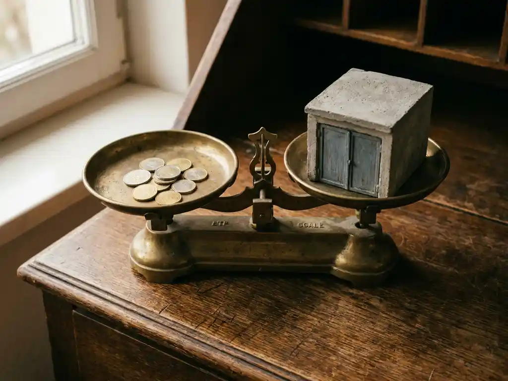 garagen-finanzierung-euro-muenzen-waage.jpg Vintage-Messingwaage mit Euro-Münzen auf einer Seite und einem Miniatur-Garagenmodell auf der anderen, auf poliertem Eichenholztisch.