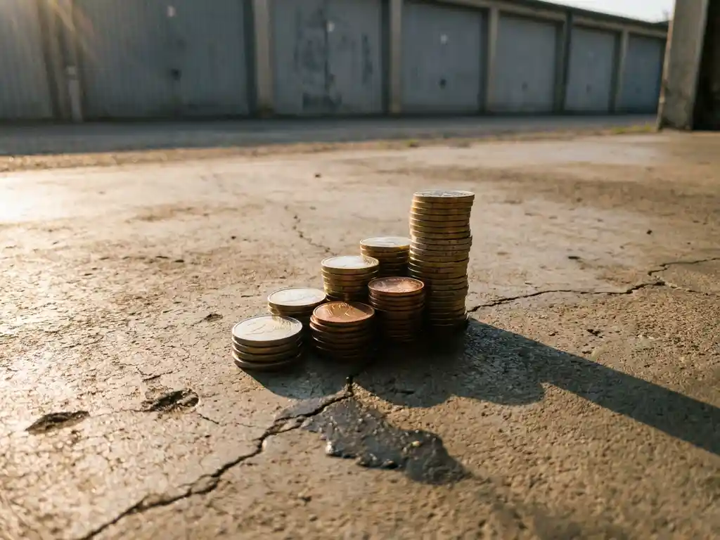 euro-muenzen-stapel-beton-schatten.jpg Euromünzen in wachsenden Stapeln auf verwittertem Betonboden, goldenes Nachmittagslicht wirft langen Schatten, unscharfe Garagentore im Hintergrund.