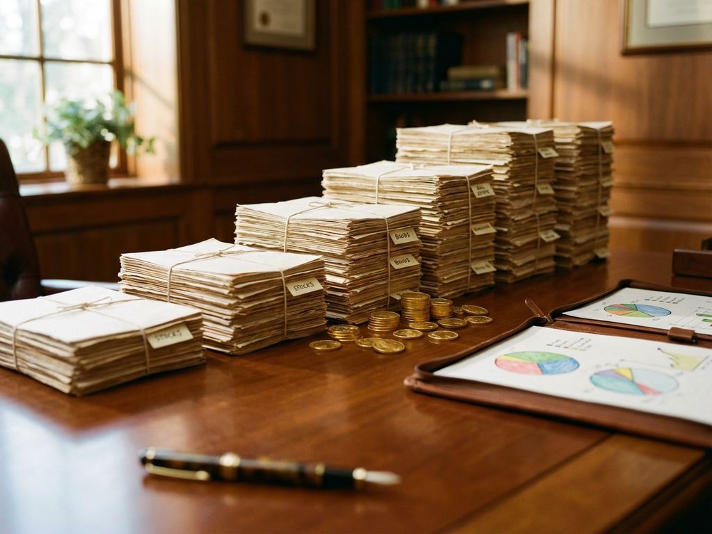 investment-portfolio-diversifikation-finanzplanung-stapel.jpg Sieben gestapelte Finanzdokumente in aufsteigender Höhe auf Holzschreibtisch mit Goldmünzen und offenem Portfolio mit Diagrammen