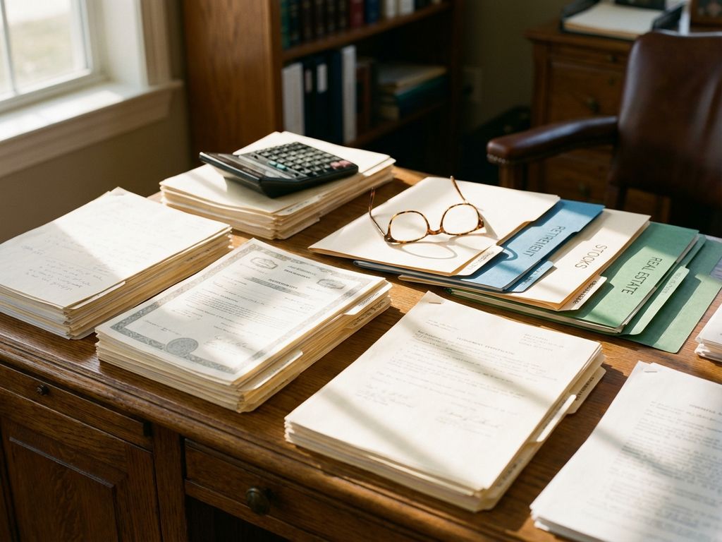 investment-portfolio-finanzplanung-dokumente-buero.jpg Holzschreibtisch mit Finanzunterlagen, Taschenrechner, bunten Ordnern und Lesebrille in warmem Sonnenlicht