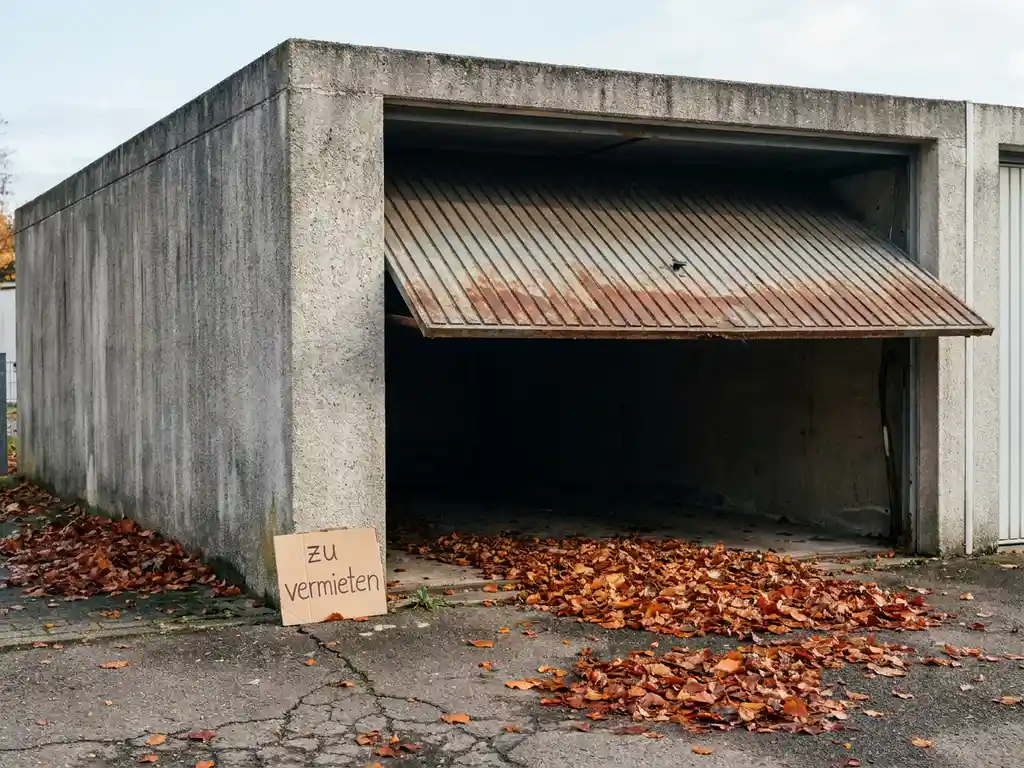 garage-vermieten-herbst-beton-tuer.jpg Leere Betongarage mit halbgeöffnetem Rolltor, Herbstlaub vor dem Eingang und einem „zu vermieten"-Schild an der Wand.