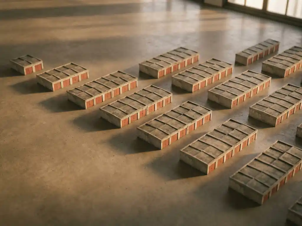 garagen-komplex-vogelperspektive-beton-wachstum.jpg Vogelperspektive auf miniaturisierte Garagenkomplexe in wachsendem Rastermuster, terrakottarote Tore auf grauem Beton im goldenen Nachmittagslicht.