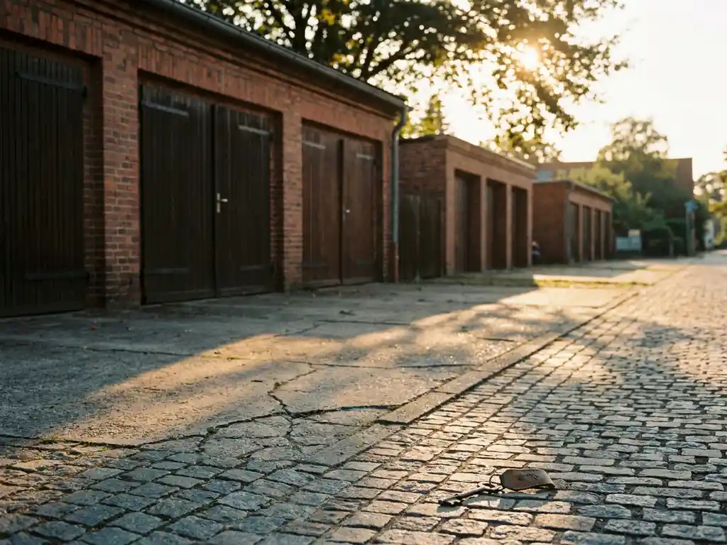 garagenvermietung-immobilien-investition-stabilitaet.jpg Reihung gepflegter Backsteingaragen mit Holztoren auf einer deutschen Wohnstraße, einzelner Schlüssel im Vordergrund im goldenen Nachmittagslicht.