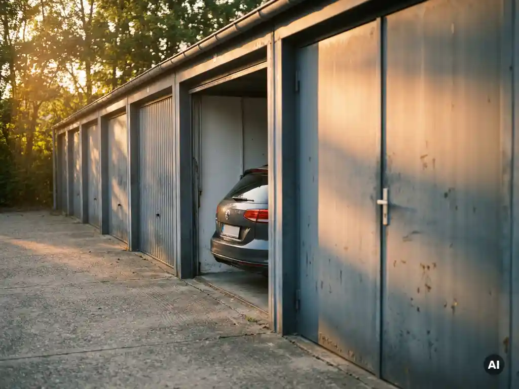 garagenpark-stahltor-golden-hour.jpg Reihe geschlossener Stahltore einer Garagenanlage im Abendlicht, eine Garage geöffnet mit geparktem Auto, gepflasterter Vorplatz.
