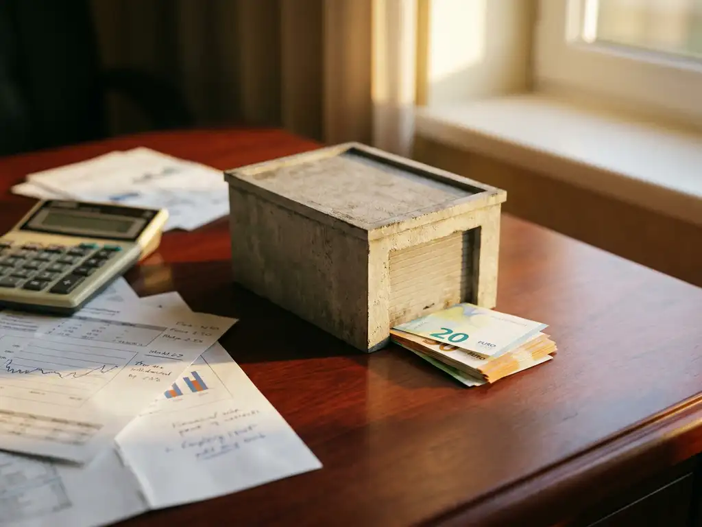 immobilienfinanzierung-euro-banknoten-garage-modell.jpg Euro-Banknoten unter Miniatur-Betongarage-Modell auf Mahagoni-Schreibtisch mit Finanzunterlagen und Taschenrechner