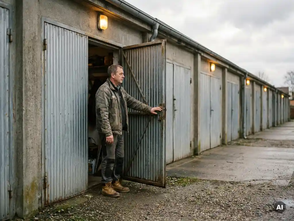 garagenkomplex-eigentuemer-eingang-betonbau.jpg Eigentümer steht am Eingang eines Garagenkomplexes aus Beton, Hand an offener Metalltür, Reihe geschlossener Garagen im Hintergrund.