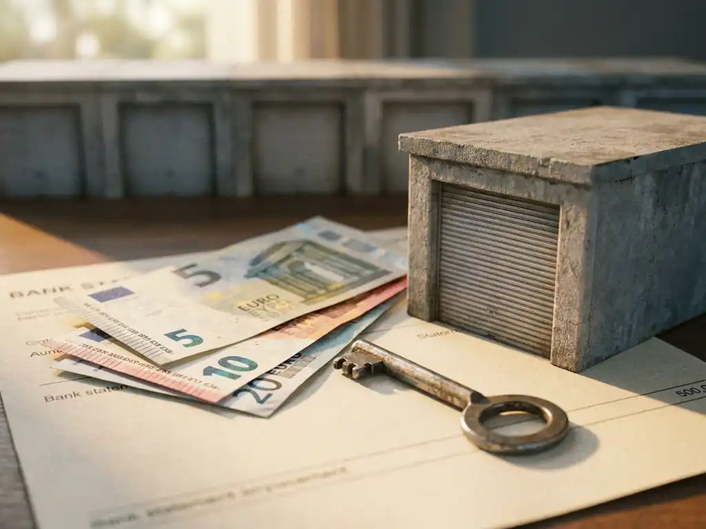 garagen-kredit-euro-schluessel-dokument.jpg Euro-Scheine und Garagenschlüssel auf einem Bankdokument neben einem Miniatur-Garagenmodell aus Beton.