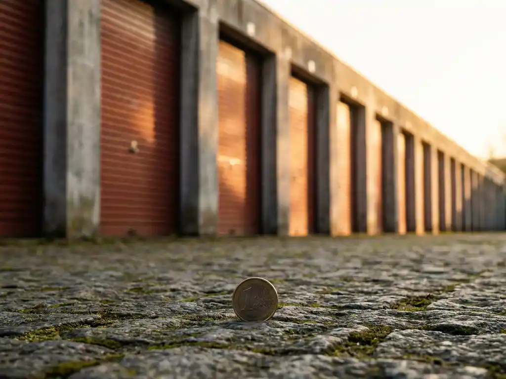 garagenmiete-investition-euro-beton-langzeitwert.jpg Euro-Münze auf Kopfsteinpflaster vor einer Reihe grauer Garagen mit roten Rolltoren im goldenen Abendlicht.