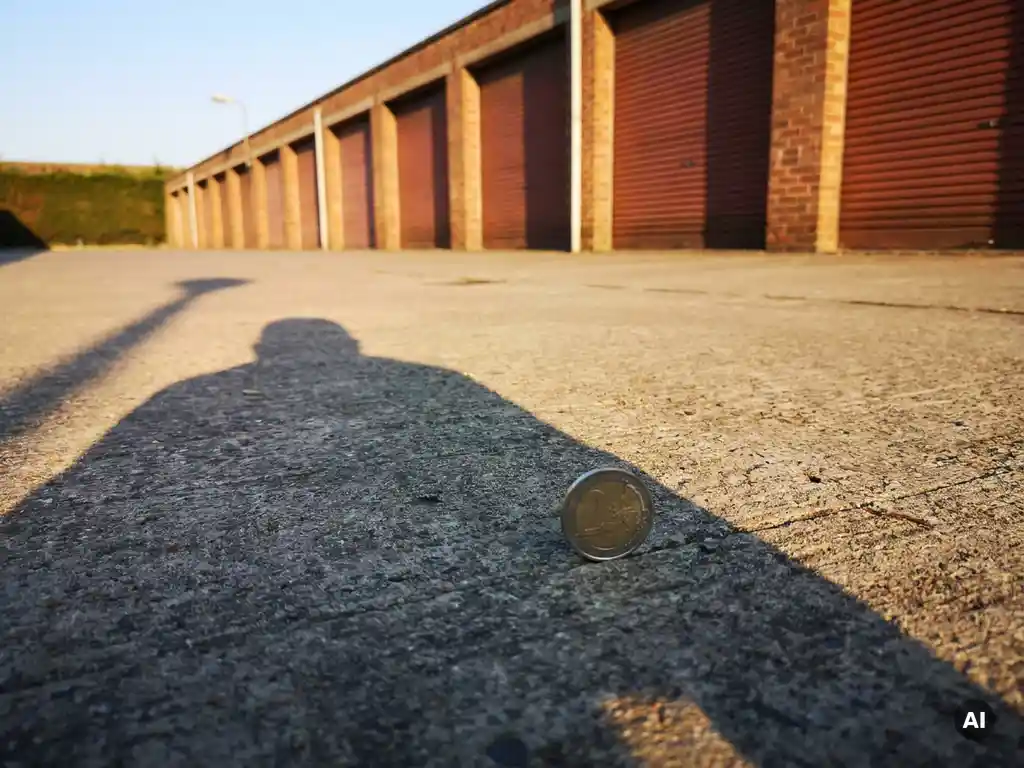 garagenmiete-euro-muenze-backsteingaragen.jpg Euromünze aufrecht auf Betonboden vor einer Reihe von Backsteingaragen mit roten Rolltoren im Abendlicht.