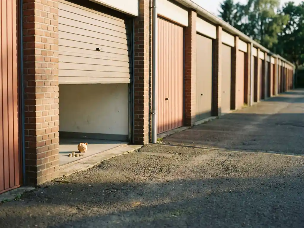 garagenmiete-sparen-euro-sparschein.jpg Offene Backsteingarage mit Euromünzen und Sparschwein auf dem Betonboden, warmes Nachmittagslicht, Garagenreihe im Hintergrund.