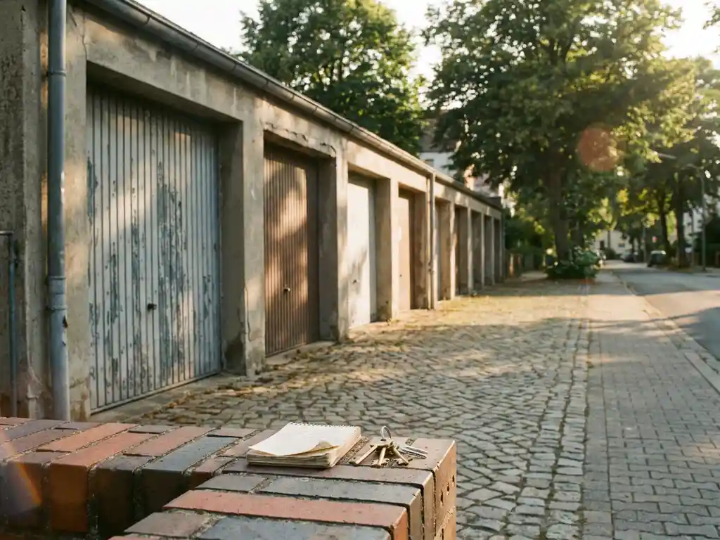 garagenmiete-wohnstrasse-schluessel-beton.jpg Verwitterte Betongaragen an einer ruhigen Wohnstraße in Deutschland, Notizbuch und Hausschlüssel auf einer Backsteinmauer im Vordergrund.