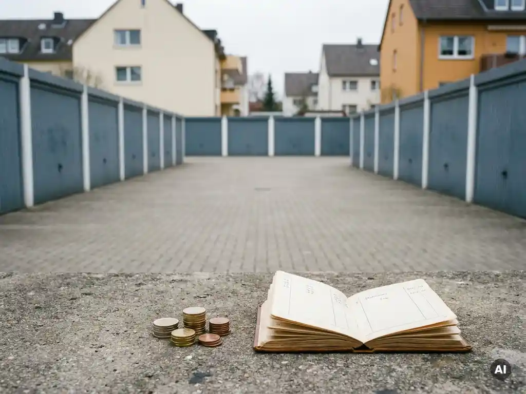 garagen-vermietung-passives-einkommen-investition.jpg Garagenpark mit Metallrolltoren, Euromünzen und Haushaltsbuch auf dem Betonvorplatz – passives Einkommen durch Garagenvermietung.