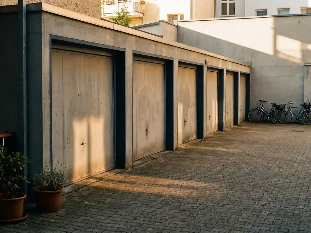 garagenpreise-mietmarkt-urban-beton-trend.jpg Betongaragen in einem deutschen Stadthof im warmen Nachmittagslicht mit langen Schatten auf dem Boden.