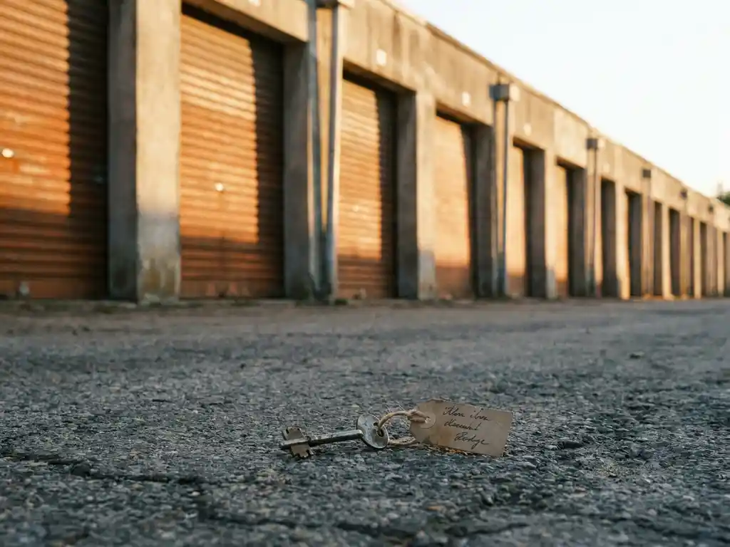 garagenreihe-schluessel-beton-vermietung.jpg Schlüssel mit Anhänger auf verwittertem Asphalt vor einer Reihe identischer Betongaragen mit orangebraunen Rolltoren im Abendlicht.