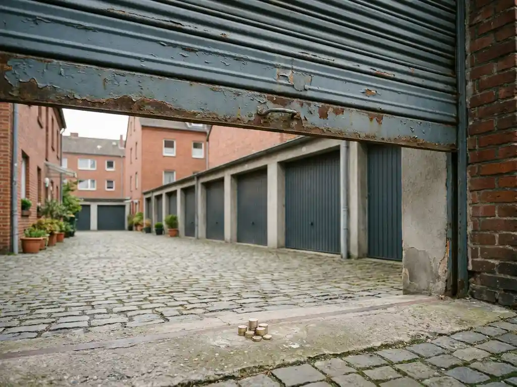 garagenmiete-euro-muenzen-betonhof.jpg Verwitterte Metallgarage öffnet sich zu einer Reihe identischer Betongaragen im deutschen Innenhof, Euromünzen auf der Schwelle.