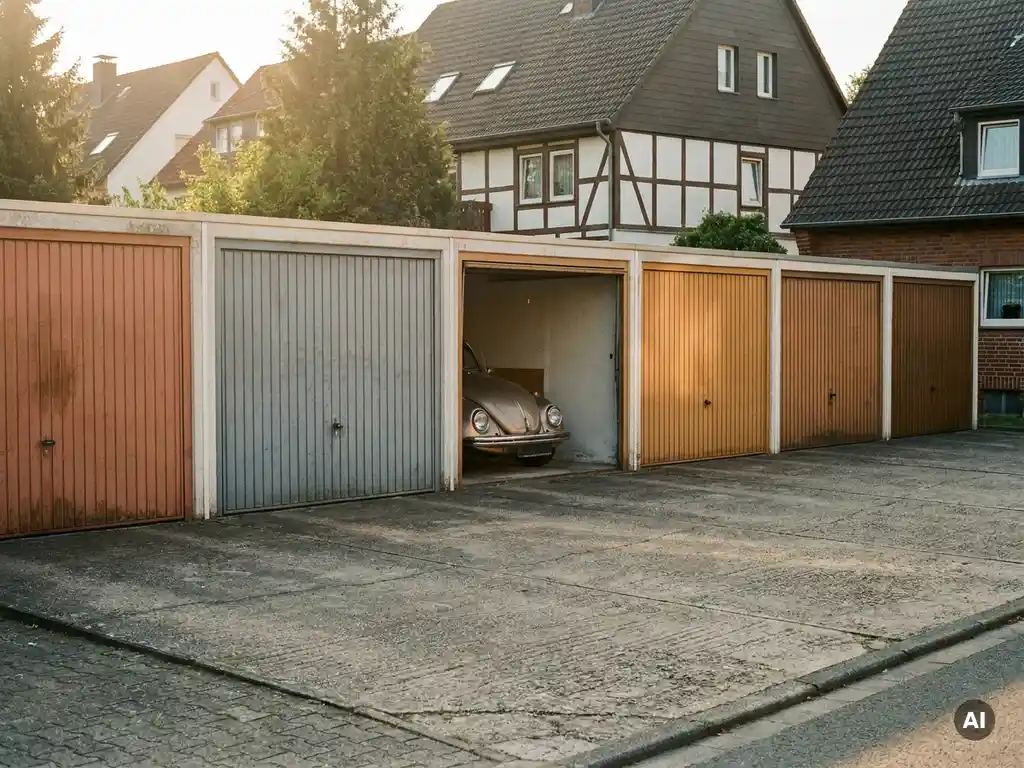 garagentor-reihe-vorstadt-goldstunde.jpg Reihe geschlossener Garagentore in goldenem Abendlicht, eine Tür leicht geöffnet mit geparktem Auto, deutsche Wohnstraße im Hintergrund.