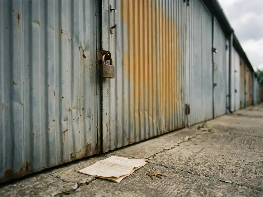 garagenversicherung-schloss-dokumente-sicherheit.jpg Verwitterte Metalltür einer Garage mit Vorhängeschloss, Versicherungsdokument und Schlüsseln auf der Betonschwelle.
