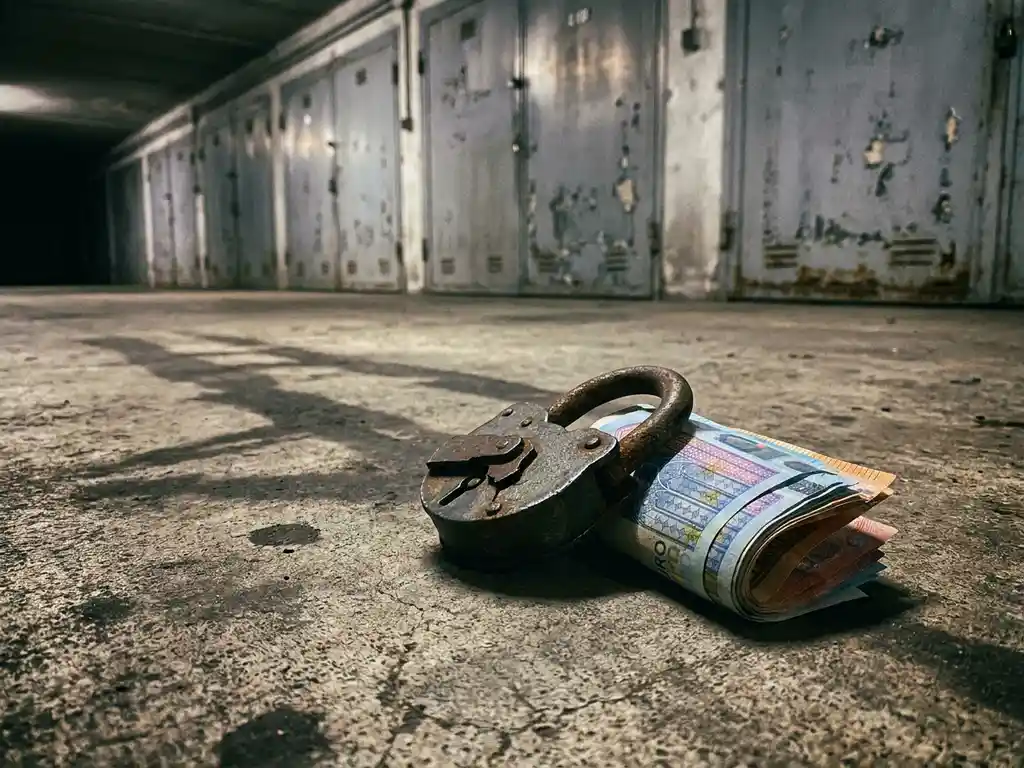 geknacktes-schloss-euro-geld-garage.jpg Gebrochenes Vorhängeschloss auf Betonboden mit Euro-Scheinen, symbolisiert Einbruch und Diebstahl in einer Garage.