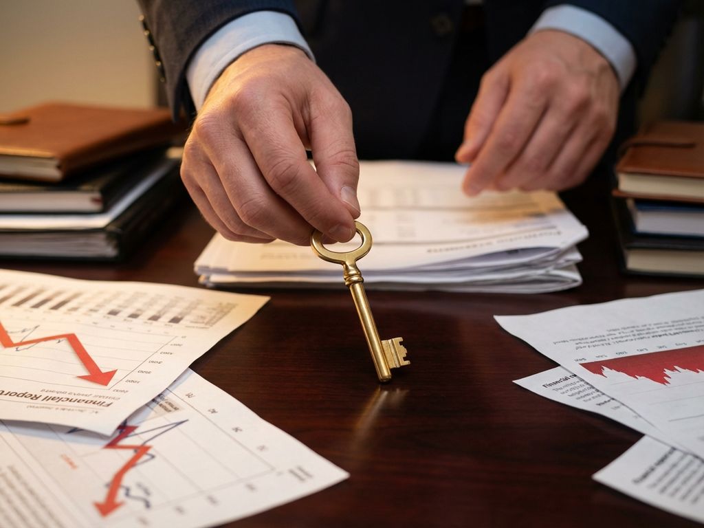 sicherheitsschluessel-finanzen-verluste-geschaeft.jpg Goldener Tresorschlüssel auf Mahagoni-Schreibtisch mit Finanzdokumenten und rückläufigen Diagrammen im Hintergrund