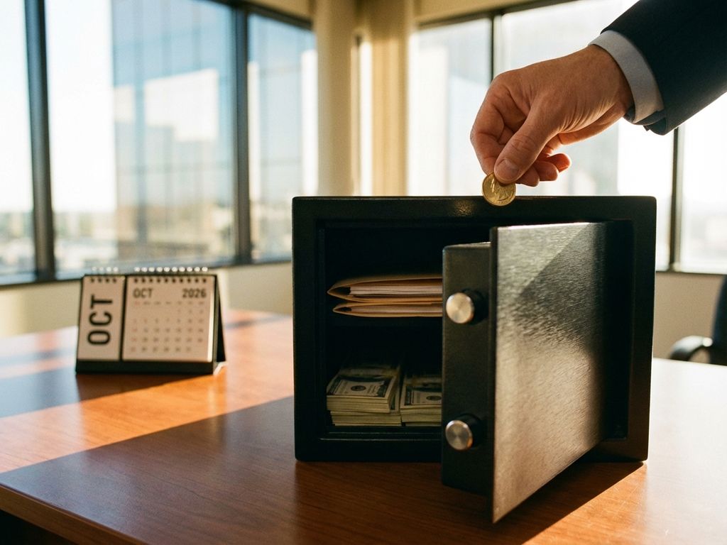 businessman-goldmuenze-tresor-geld-sparen-2026.jpg Geschäftsmann legt goldene Münze in Tresor mit Geldstapeln, modernes Büro 2026, warmes Sonnenlicht