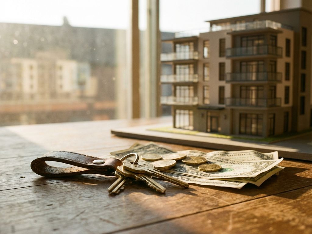 immobilien-investment-geld-schluessel-wohnung.jpg Geldscheine und Münzen mit Hausschlüsseln auf Holztisch, modernes Apartmentgebäude unscharf im Hintergrund