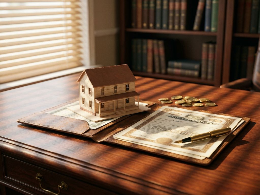 immobilien-investition-aktien-portfolio-mahagoni.jpg Miniaturhaus-Modell auf Aktienzertifikaten mit Goldmünzen auf Mahagoni-Schreibtisch, Füllfederhalter, warmes Sonnenlicht