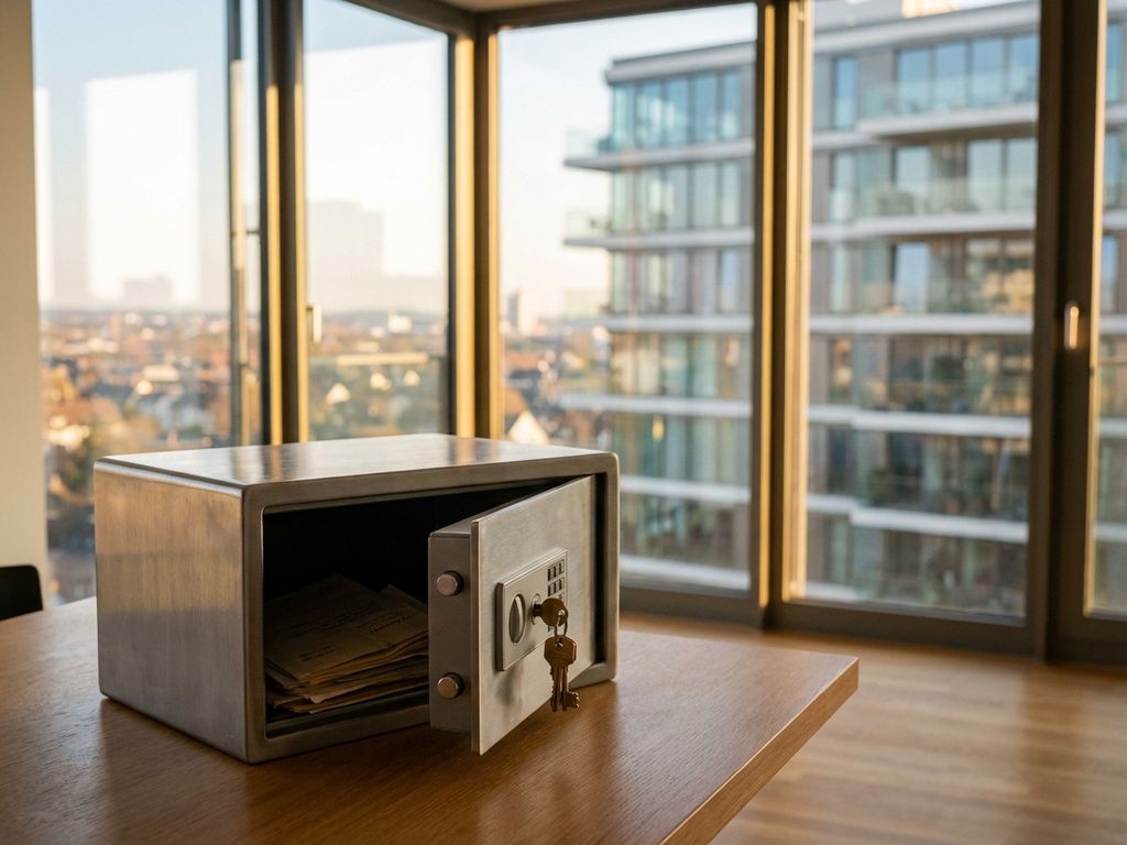 immobilien-safe-nrw-wohnungsbau-sicherheit.jpg Offener Tresor mit Immobiliendokumenten und Hausschlüsseln auf Schreibtisch, moderne Wohngebäude im Hintergrund