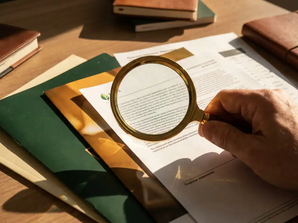 investmentberatung-lupe-finanzunterlagen-analyse.jpg Lupe über Stapel von Investmentbroschüren und Finanzdokumenten, die Kleingedrucktes bei warmem Bürolicht enthüllt