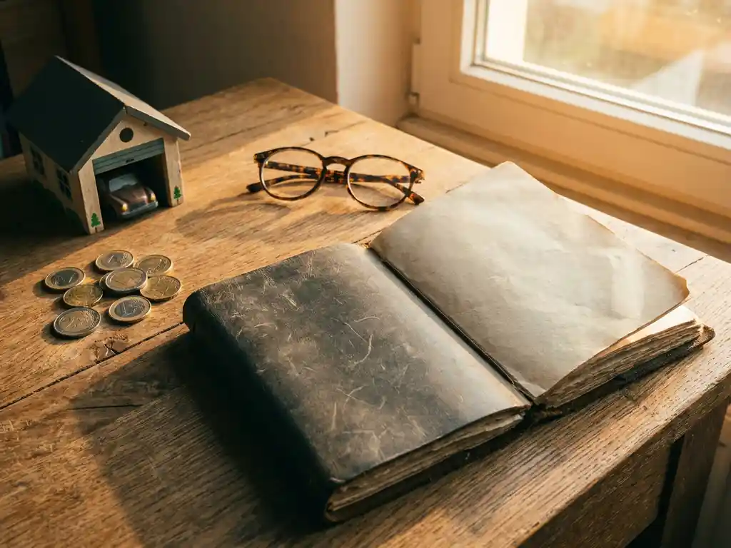 garage-kosten-budget-notizbuch-euro.jpg Aufgeschlagenes Ledernotizbook neben Euromünzen, Miniaturgarage und Lesebrille auf Eichentisch im warmen Morgenlicht.