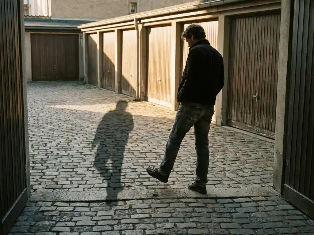 zögern-schwelle-garage-goldstunde-schatten.jpg Person zögert an der Schwelle eines sonnenbeschienenen Garagenhofs, langer Schatten auf Kopfsteinpflaster, goldenes Abendlicht.