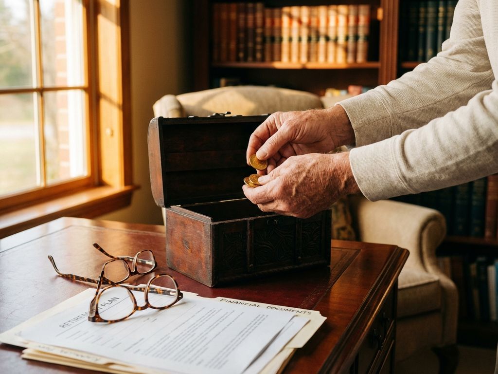 retirement-planning-gold-coins-treasure-chest.jpg Ältere Hände legen Goldmünzen in Schatztruhe neben Ruhestandsplanungsdokumenten auf Mahagonischreibtisch