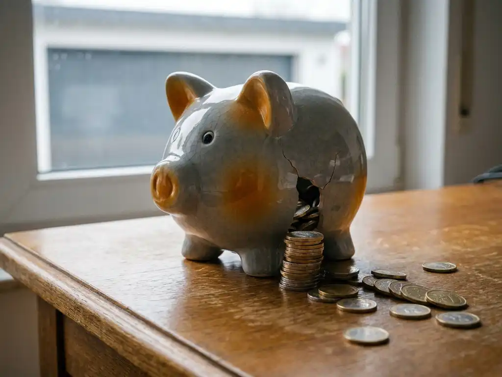 sparschwein-muenzen-euro-haushalt.jpg Gebrochenes Keramik-Sparschwein mit auslaufenden Euromünzen auf Eichenholzschreibtisch, Garagentor im Hintergrund.