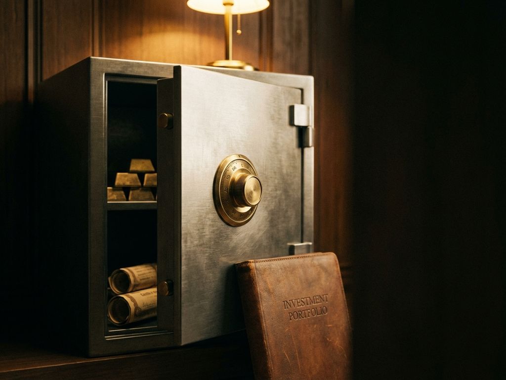 gold-tresor-investition-portfolio-sicherheit.jpg Offener Metallsafe mit Goldbarren und Staatsanleihen, Ledermappe daneben, warme Beleuchtung auf polierter Stahloberfläche