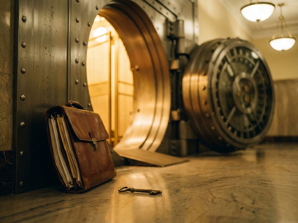 bank-tresor-tuer-portfolio-sicherheit.jpg Offene Banktresortür mit goldenem Licht, Lederportfolio mit Dokumenten und Messingschlüssel auf Marmorboden