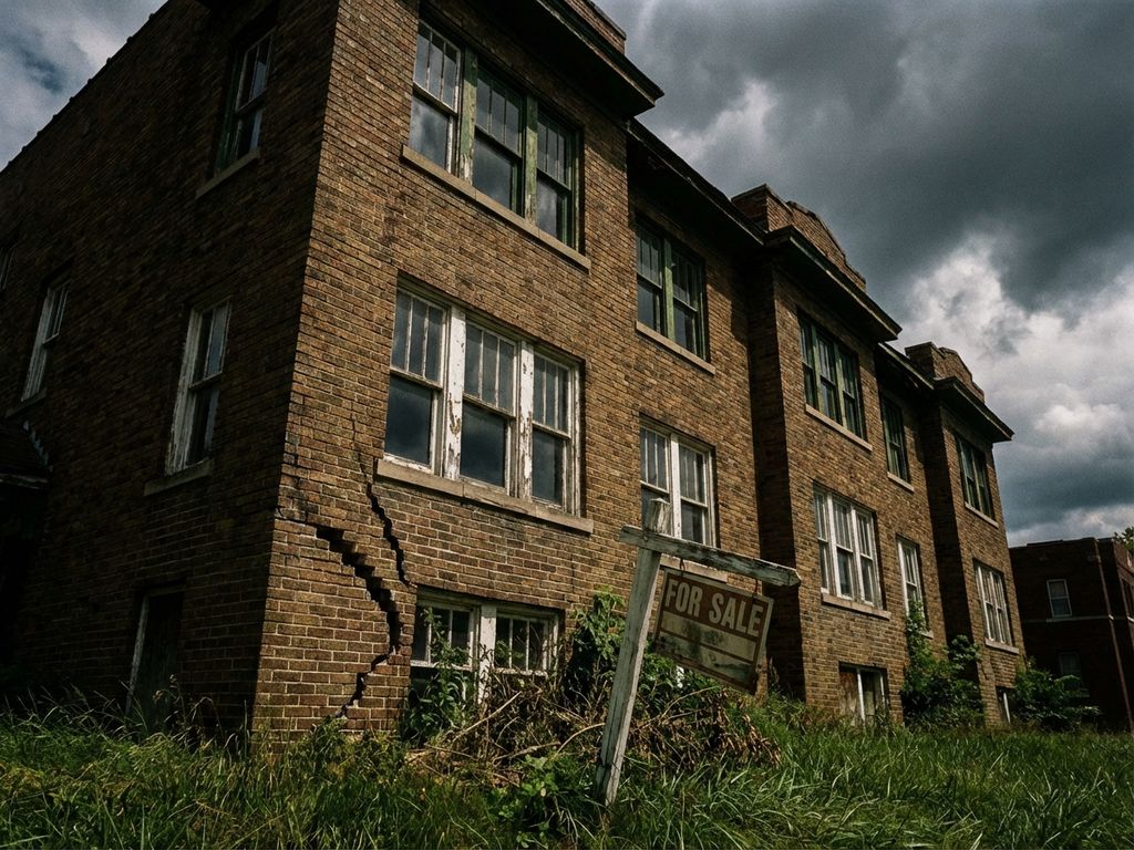 weathered-brick-apartment-building-for-sale-cracks.jpg Verwittertes Backsteingebäude mit Rissen im Fundament und "Zu verkaufen"-Schild vor dramatischen Sturmwolken