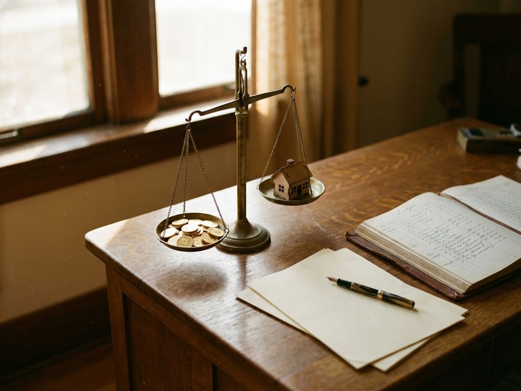immobilien-finanzierung-waage-goldmuenzen-haus.jpg Waage auf Holzschreibtisch mit Goldmünzen und Hausmodell, daneben aufgeschlagenes Hauptbuch und Füllfederhalter